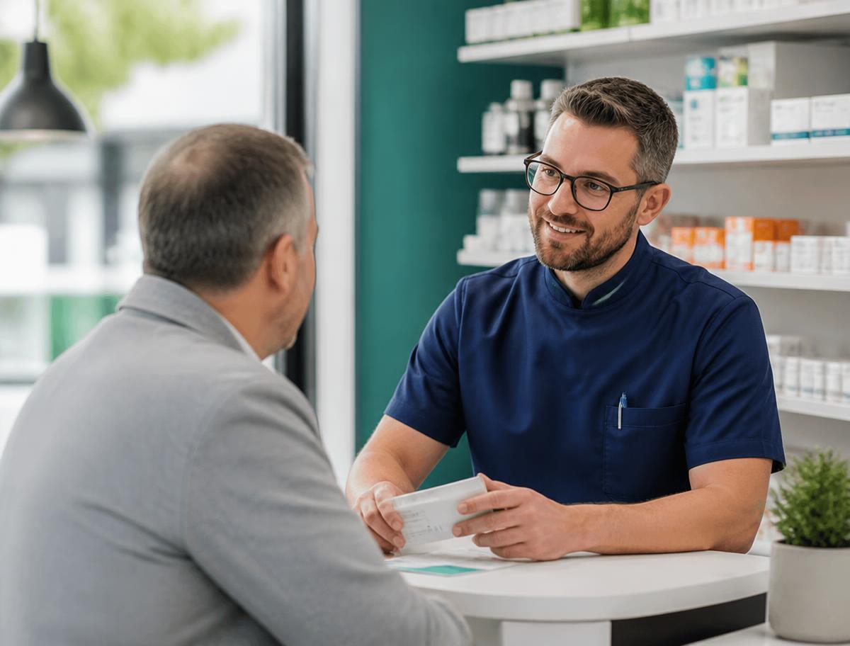 Pharmacist speaking with a patient at a consultation desk in the Portsmouth pharmacy